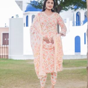 Cotton cream veg kurta adorned with zari elephant motifs With pant and warli print khadi silk dupatta