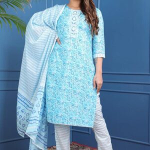 Beautiful cotton fabric printed kurti With gotta lace handwork with cotton printed pant with cotton printed dupatta with gotta lace