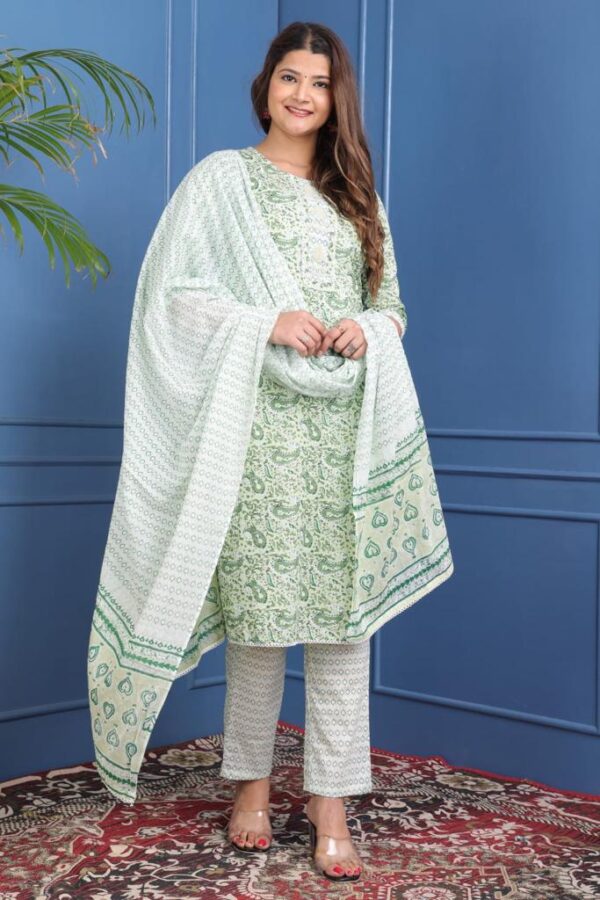 Beautiful cotton fabric printed kurti With gotta lace handwork with cotton printed pant with cotton printed dupatta with gotta lace